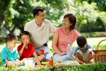 Family with three boys having picnic in park