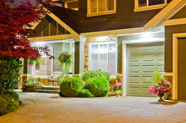 Fragment of an upscale house at night in Vancouver, Canada