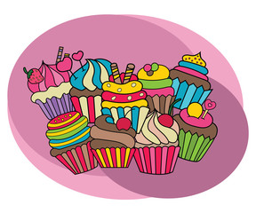 Cupcakes design set. Cartoon free hand draw doodle vector illustration.