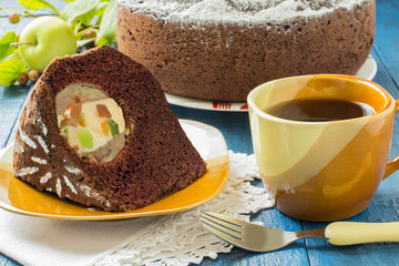 Chocolate cake with whole apples, curd and candied fruit
