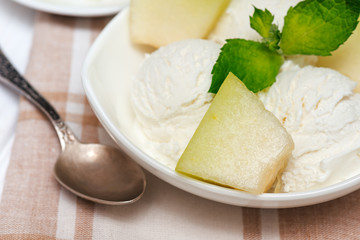 Close up of ice-cream with   mint and melon  in white plate