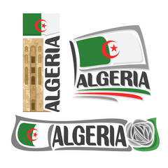 Vector logo Algeria, 3 isolated images: stone tower in Beni Hammad Fort on background national state flag, symbol democratic republic of algeria architecture, algerian ensign flags, grey rock rose.