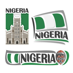 Vector logo Nigeria, 3 isolated images: cathedral church Christ in Lagos on background national state flag, symbol federal republic of nigeria architecture, nigerian ensign flags, souvenir wood mask.