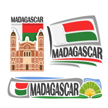 Vector logo Madagascar, 3 isolated images: catholic cathedral in Betafo on background national state flag, symbol republic of madagascar architecture, madagascan ensign flags, travellers palm tree.