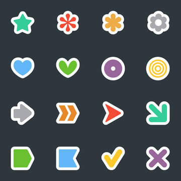 Simple Common Vector Stickers Icon Set On Dark Background. Flat Style Labels Collection. Good For Scrapbooking, Diary, Creativity Use.