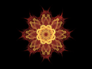 Digital abstract fractal yellow red floral pattern on black background