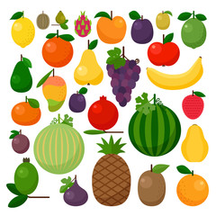 Colorful collection of cute fruits: apple, kiwi, banana, papaya