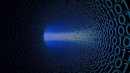 Flight through abstract blue tunnel made with zeros and ones. Modern background. Computers, binary data transfer, digital technologies concepts. 3D rendering