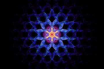 Digital abstract fractal small orange flower on blue large grid on a black background