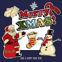 Merry Christmas greeting card design with retro patch badges, stickers. Vector illustration.