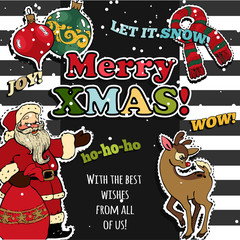Merry Christmas greeting card design with retro patch badges, stickers. Vector illustration.
