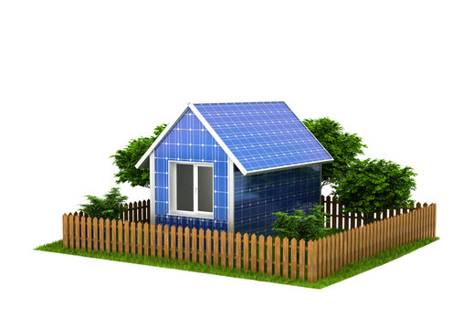 Concept of the solar house battery. A house made of solar panels