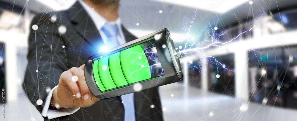 Aufkleber Man touching 3D render battery with lightning with his finger