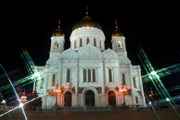 Fototapeta na wymiar The Cathedral of Christ the Savior night Moscow Russia. Star filter. Landscape orientation