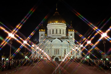 The Cathedral of Christ the Savior night Moscow Russia. Rear view from the bridge. Star filter. Landscape orientation
