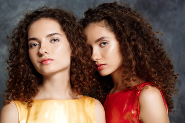 Obraz premium Beautiful sisters twins looking at camera over grey background.