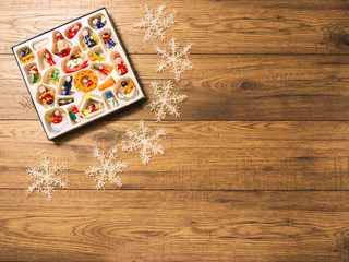 Christmas decorations on wood board background