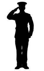 Silhouette of a officer saluting isolated on white background.