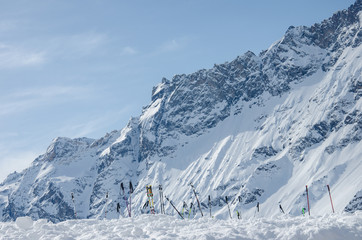 Fototapeta premium Beautiful view of the snow-covered mountain range Matterhorn from Italy side