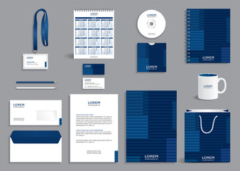 Business stationery set template, corporate identity design mock-up containing blue pattern with horizontal stripes 
