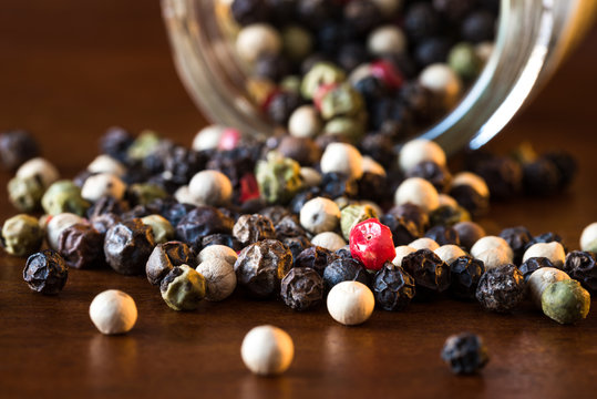 Multi Colored Peppercorns Spilled from a Spice Jar