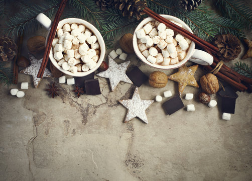 Hot chocolate with marshmallows and cinnamon,  top view, horizon