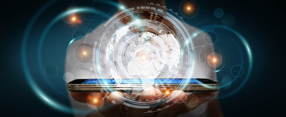 Businessman using hologram screen with digital data