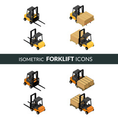 vector illustration. Set of isometric icons of the forklift. Loader with pallet with boxes. Colorful and contour. 3D.