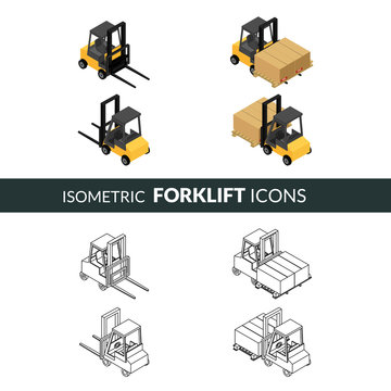 vector illustration. Set of isometric icons of the forklift. Loader with pallet with boxes. Colorful and contour. 3D.