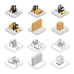 Vector illustration. Set of icons isometric forklift and pallets with boxes. Color, contour and outline. 3d.
