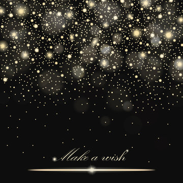 Vector gold glitter particles background effect for luxury greeting rich card. Sparkling texture. Star dust sparks in explosion on black background. Vector illustration