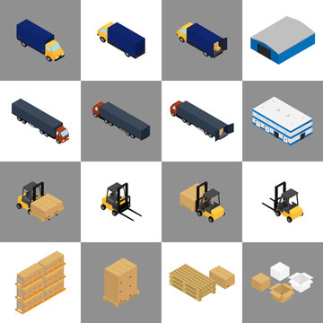 Vector illustration. Set of isometric icons storage, packaging and delivery. Warehouse, truck, forklift, pallets with boxes.