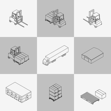 Vector illustration. Set of contour icons of the warehouse. Outline hangar, truck, forklift, pallets with boxes. Isometric, 3D