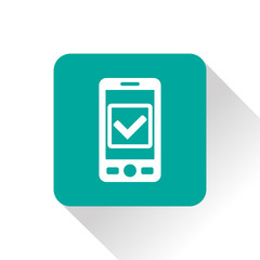 Mobile phone with checkmark symbol flat icon. Operation accepted vector illustration