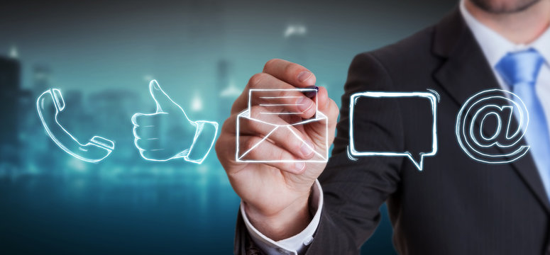 Businessman drawing manuscript contact icon with a pen - Powered by Adobe
