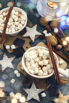 Hot chocolate with marshmallows and cinnamon, top view.