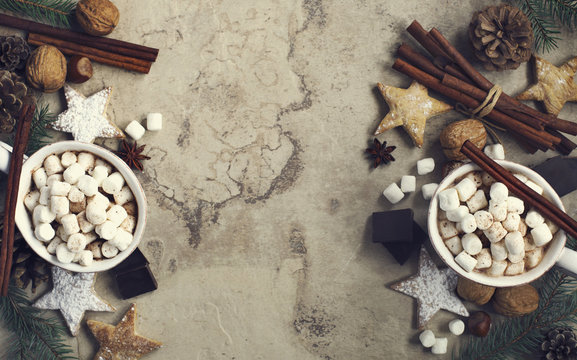 Hot chocolate with marshmallows and cinnamon,  top view, horizon
