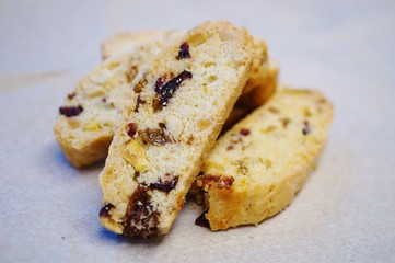 Biscotti cookies with dried cranberries, pistachio and almonds