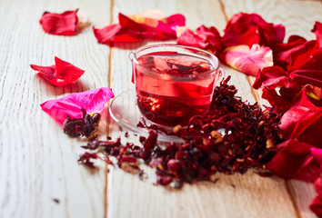 Red Hibiscus tea in glass mug
