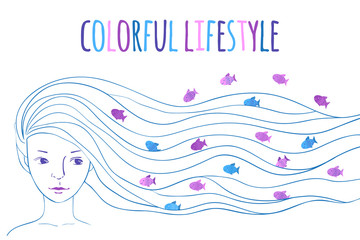 Long hair and colourful fish in the waves