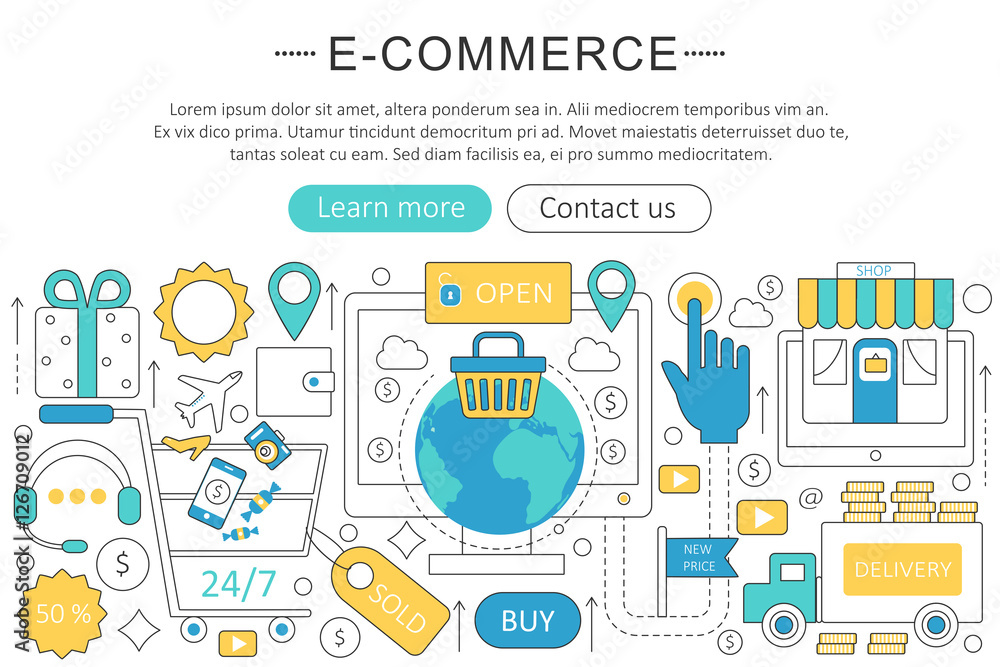 Poster Vector elegant thin flat line E-commerce concept. Website header banner elements layout. Presentation, flyer and poster. Internet mobile online commerce concept.