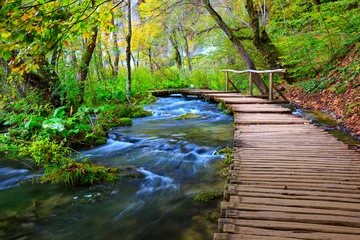 Selbstklebende Fototapete Waldfluss Promenade im Park Plitvicer Seen