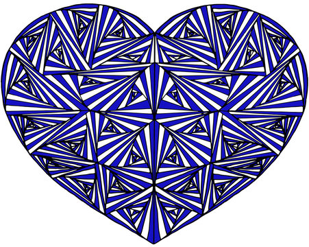 Zentangle hand drawn decorative heart made with paradox tangle, colored with blue. Zen tangle style art.