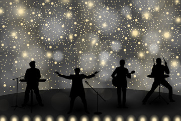 Band show concept with yellow light and stars. Set of silhouettes of musicians, singers and dancers. Vector illustration