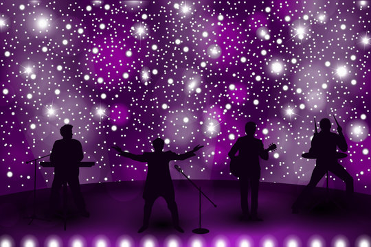 Band show concept with violet light and stars. Set of silhouettes of musicians, singers and dancers. Vector illustration