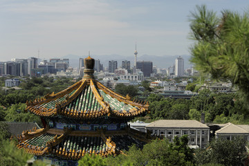 City scape of Beijing with Jingshan Pagoda in foreground, China