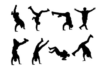 Silhouettes of breakdancers. Hip-hop male dancers vector silhouette isolated on white background