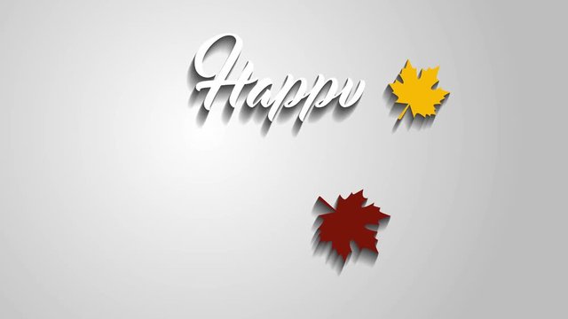 4K Thanksgiving greeting card with Happy Thanksgiving animation lettering text. Ifinity loop thanksgiving card. White text. Gray background. Yellow and brown leafs. Animate shadows.