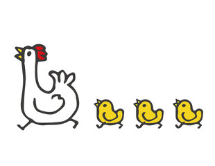 鶏の親子、親鳥とひよこ