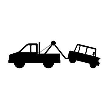 silhouette of tow truck with car icon over white background. vector illustration